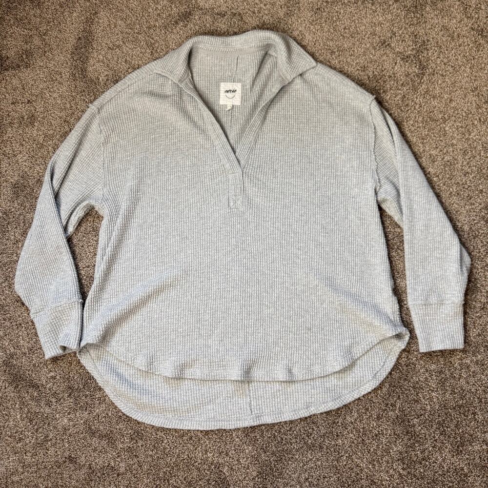 Aerie Lumberjane Waffle Oversized Polo Sweatshirt Pullover Medium Gray Lounge